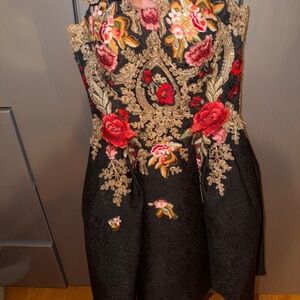 Mac Duggal Strapless Black Floral Embroidered Cocktail Dress